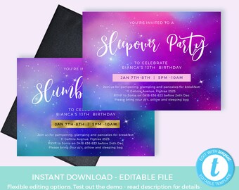 Galaxy Invitation PRINTABLE, Sleepover invitation TEMPLATE, Space birthday invite EDITABLE Slumber party invitation Spa birthday invitation