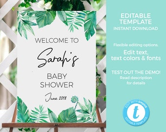Tropical Baby Shower sign EDITABLE template Hens welcome sign PRINTABLE, Greenery Bachelorette party sign INSTANT download bridal jungle