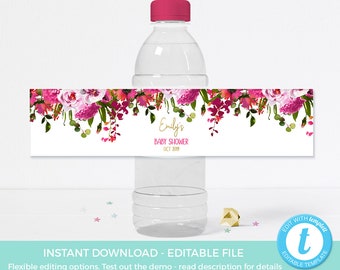 Bright Pink Floral Water bottle Label TEMPLATE, Red Baby Shower Label EDITABLE Birthday party label PRINTABLE, 30th birthday sprinkle Girl