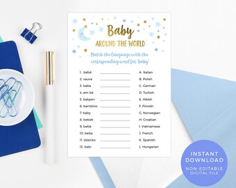 Baby around the world PRINTABLE game, Blue Baby Shower Game, Moon Star Baby name game, Girl Baby Sprinkle Game instant download, twinkle