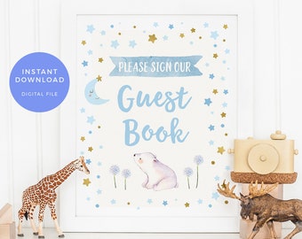 Guest book sign INSTANT download, Blue kid party sign PRINTABLE birthday party decor Twinkle Twinkle little Star Baby shower sign polar bear