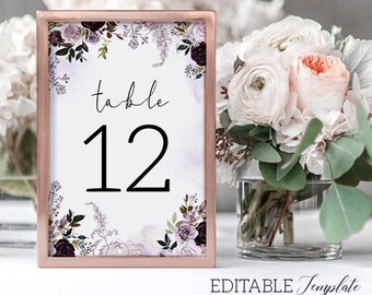 Woodland table number TEMPLATE, Mauve baby shower table decor EDITABLE, Muted birthday party decor PRINTABLE, lilac vintage gender neutral