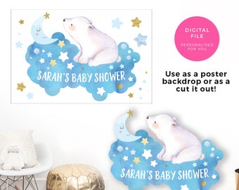 Baby Shower backdrop PRINTABLE, Twinkle twinkle little star backdrop boy, first birthday sign polar bear cutout, cardboard cut out standee