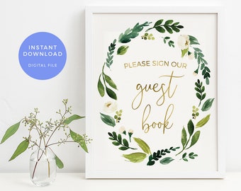 Greenery Guest book sign, PRINTABLE Elegant party sign, INSTANT download Modern birthday party decorations, Baby shower, bridal shower sign