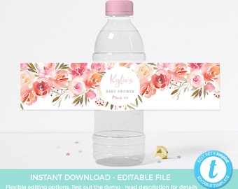 Pink Floral Water bottle Label EDITABLE Template, Blush Baby Shower Label Printable, Childrens Birthday party label, 1st birthday first 30th