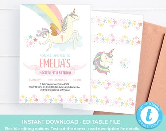 Unicorn invites EDITABLE, Unicorn birthday invites TEMPLATE, Girl birthday invitation, party invites PRINTABLE, Unicorn party decorations