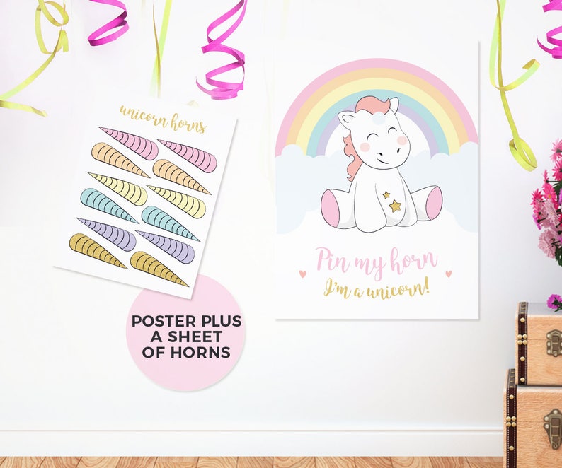 Pin the horn on the unicorn game, PRINTABLE Unicorn games, Unicorn party games, Unicorn birthday games, Unicorn posters, Unicorn horn, 1st image 1