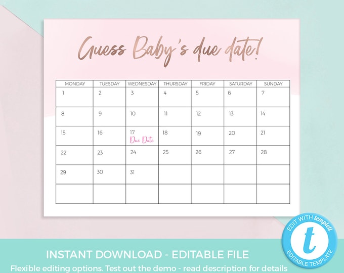 Guess Baby Due Date Calendar PRINTABLE Guess Baby Birthday TEMPLATE ...