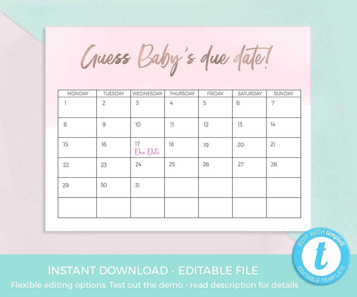 Guess Baby's Due Date Calendar Baby Shower Game, Printable Editable