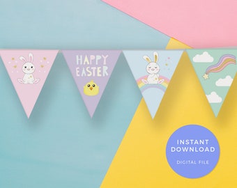 May include: A printable Easter banner with five flags. The flags are pink, purple, blue, and green. The flags feature a bunny, a chick, a bunny with a rainbow, and a rainbow with clouds and a star. The banner reads "Happy Easter".