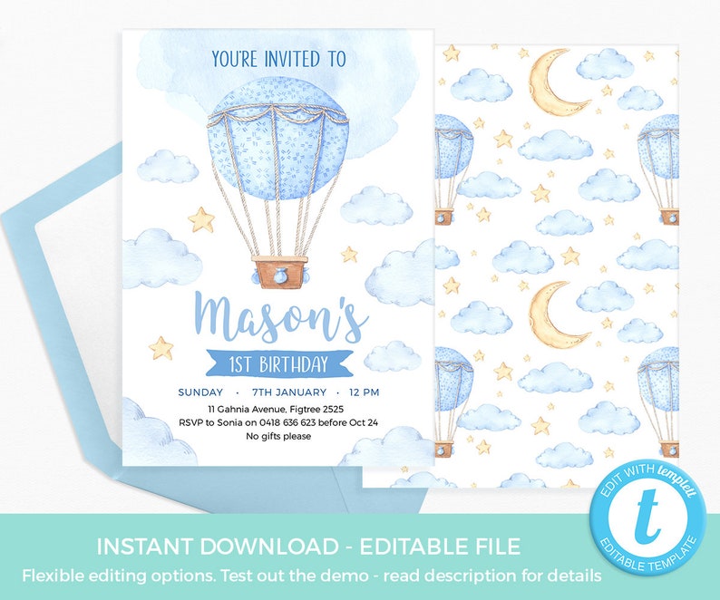 Hot air balloon Baby Shower Invitation TEMPLATE. EDITABLE Pink Christening invitation Printable Boy baby shower invite first birthday invite image 2