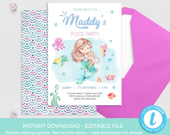 Mermaid invitations TEMPLATE, Mermaid Invitation instant download, Pool party invitations birthday invitations Kids party invites EDITABLE