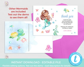 Mermaid post cards EDITABLE template, Thank you cards baby shower, Kids birthday party PRINTABLE, 1st birthday thankyou, under the sea first