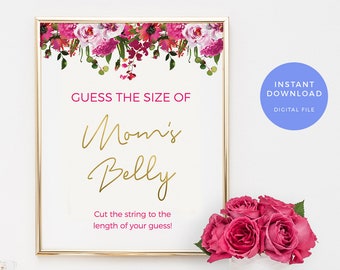 Guess Mums belly Baby Shower Games PRINTABLE, Bright pink Guess Moms belly sign, Floral baby shower decor INSTANT download How big is mummys