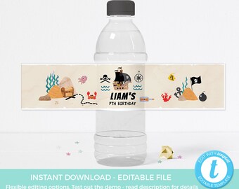 Pirate water label TEMPLATE, Pirate party label EDITABLE, water bottle label PRINTABLE, Pirate decorations, Under the sea decor, Pool party