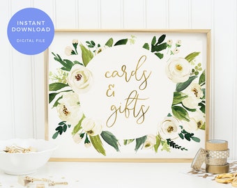 Gifts sign PRINTABLE. Greenery Gifts and card sign INSTANT DOWNLOAD. White floral Bridal shower sign. Birthday Baby Shower. Hens party sign