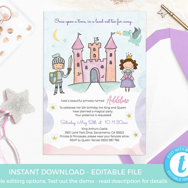 Princess invitations EDITABLE, Prince Princess party invitations digital, Kids birthday invitations template, Fairytale invitations, Knight