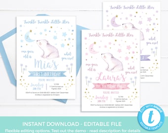 Twinkle twinkle little star 1st birthday Invitation TEMPLATE, Pink, Purple, Blue Stars birthday invite EDITABLE, Moon party invite Printable