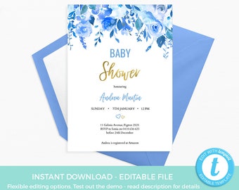 Blue Floral Baby Shower Invitation TEMPLATE, EDITABLE Blue Christening invitation Printable, baby shower invite Gold, Boy Baptism invitation