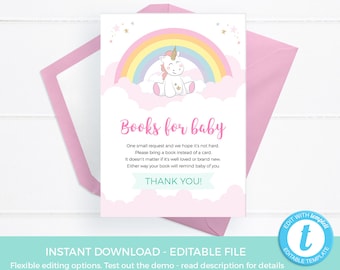 Baby shower book request card TEMPLATE, PRINTABLE Unicorn Books for Baby card EDITABLE, Unicorn Baby shower, Unicorn party decorations