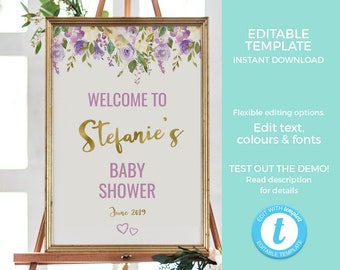 Violet Floral welcome sign EDITABLE TEMPLATE, Lilac Party sign Printable, Brunch Welcome poster, birthday party decoration Baby shower sign