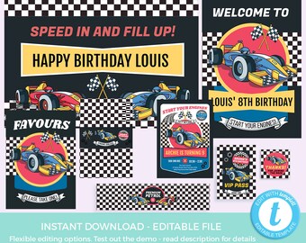 Racing Car Party Set - EDITABLE templates except favors sign - Invitation, backdrop, welcome sign, choc wrapper, VIP pass, bottle label, tag