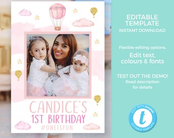 Hot air balloon photo frame PRINTABLE, Pink photo booth frame TEMPLATE, 1st birthday party photo prop Boy Baby shower INSTANT download first