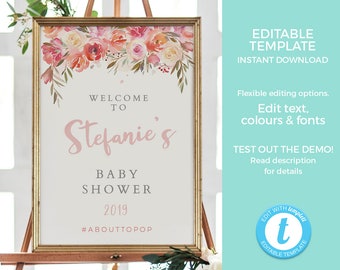 Pink Floral welcome sign EDITABLE TEMPLATE, Blush Party sign Printable, Elegant Welcome poster, birthday party decorations Baby shower sign