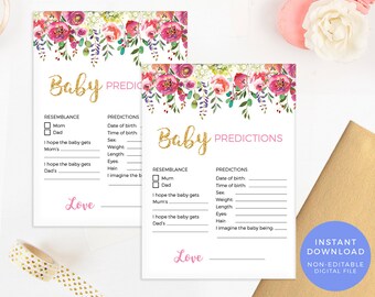 Pink Gold Baby prediction card PRINTABLE, Floral Baby Prediction game, Baby Shower games instant download, Baby shower decor, Baby sprinkle