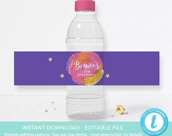 Makeup party water bottle labels PRINTABLE, Art party label TEMPLATE, Pamper birthday label Editable, sleepover, slumber spa baby shower