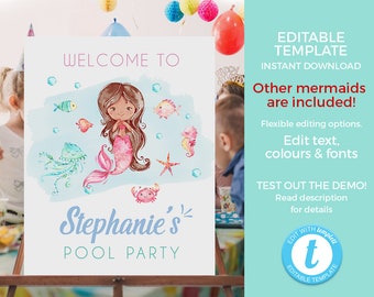 Mermaid party sign EDITABLE template, Mermaid welcome sign PRINTABLE, Under the sea poster, Pool party sign, mermaid baby shower decorations