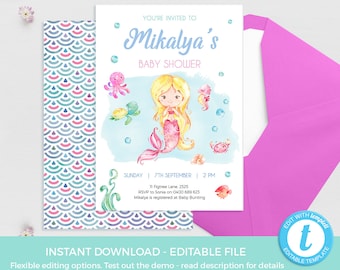 Mermaid baby shower invitations editable TEMPLATE, Mermaid party Invitation instant download, Pool party baby sprinkle invite birthday party