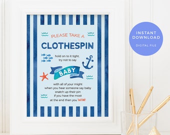 Don't say baby sign PRINTABLE, Boy Baby shower games, Nautical Don't say baby game INSTANT Download Ocean Baby shower decor under the sea