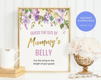 Guess Mums belly Baby Shower Games PRINTABLE, Lilac Guess Moms belly sign, Floral baby shower decor INSTANT download How big is mummys belly