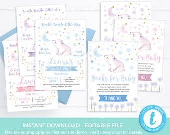 Pink, Purple, Blue Baby shower invite TEMPLATE, Twinkle twinkle little star Baby sprinkle invitation EDITABLE, Books for Baby card PRINTABLE