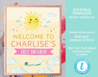 Little Sunshine welcome sign PRINTABLE, You are my sunshine birthday sign TEMPLATE, Summer baby shower sign EDITABLE, 1st birthday first