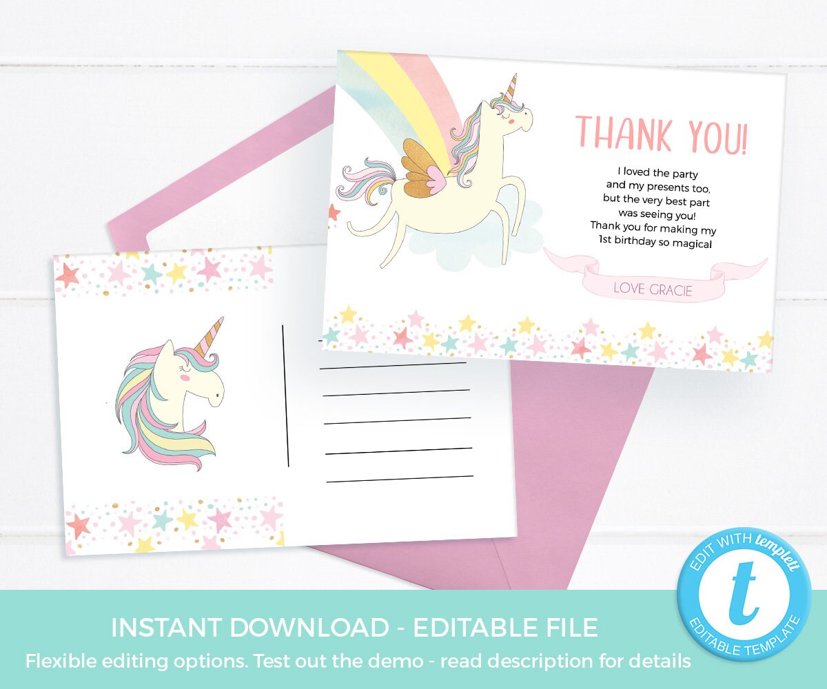 unicorn thank you card template editable unicorn birthday etsy