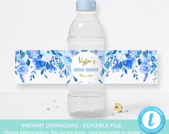 Blue floral bottle labels TEMPLATE, Blue water bottle labels PRINTABLE, EDITABLE Baby shower decorations, Baby sprinkle Christening, Baptism