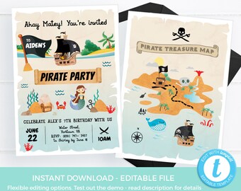 Pirate party invite TEMPLATE, Pirate invitation digital, Pool party invitation EDITABLE, Boy party PRINTABLE, Pirate birthday invite Mermaid