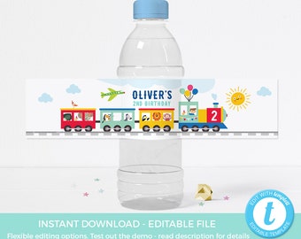 Train water bottle labels EDITABLE template, Train label PRINTABLE, Animal party labels PRINTABLE, Zoo party decor, cars birthday