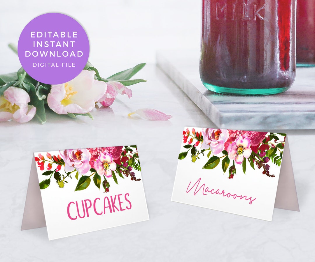 Bright Pink Floral Food Labels Editable Place Cards - Etsy
