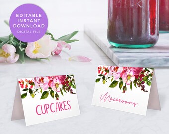 Bright Pink Floral food labels, Editable place cards, PRINTABLE table name cards, Bridal Shower food tents, floral table cards baby shower