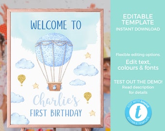 Hot air balloon Welcome Sign TEMPLATE, EDITABLE 1st birthday Sign, PRINTABLE Baby shower sign, Boy Christening Baptism first birthday clouds