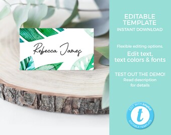 Tropical Place cards Template, Jungle Food Labels EDITABLE name cards Printable, Baby shower labels, 30th birthday party Food tent Favor tag