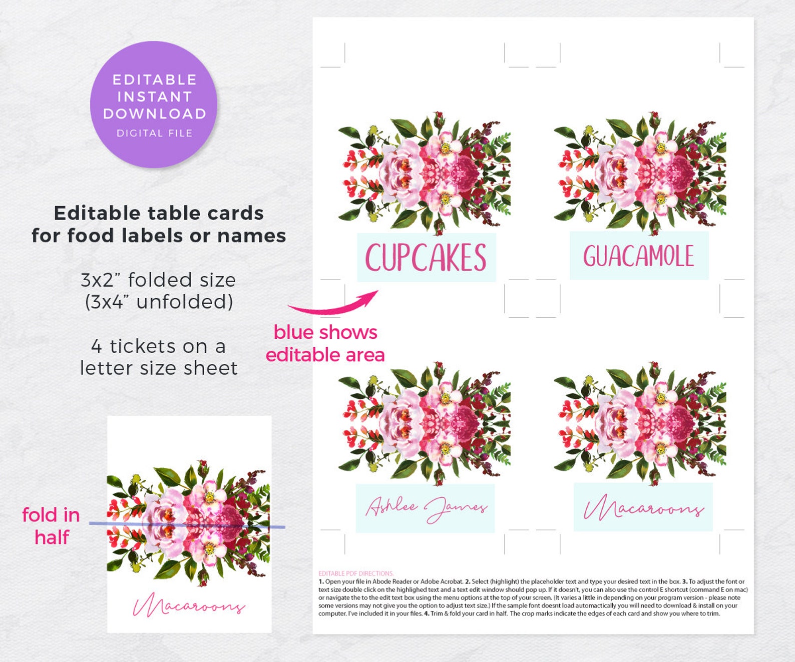 Bright Pink Floral food labels Editable place cards | Etsy