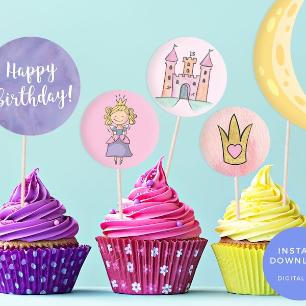 PRINTABLE favour bag labels, PRINTABLE cake toppers, Princess party bag labels, Princess photo props Fairytale cake toppers Fairytale labels