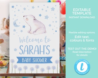 Twinkle twinkle little star Welcome Sign TEMPLATE, Pink Purple Blue Star Baby shower sign EDITABLE, Polar bear 1st birthday first Printable
