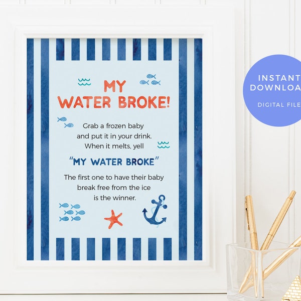 My water broke game PRINTABLE, Nautical Baby shower game, Under the sea baby sign INSTANT Download Boy Baby shower decoration ocean digital