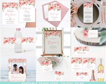 Blush floral party decorations DOWNLOAD, Baby shower decor pack TEMPLATES, Elegant invitation suite EDITABLE, birthday party printables pdf