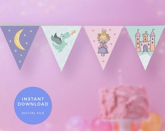 Fairytale paper garland, Princess Flag bunting, PRINTABLE Fairytale flag bunting, Dragon bunting, Fairytale decorations, Princess banner pdf